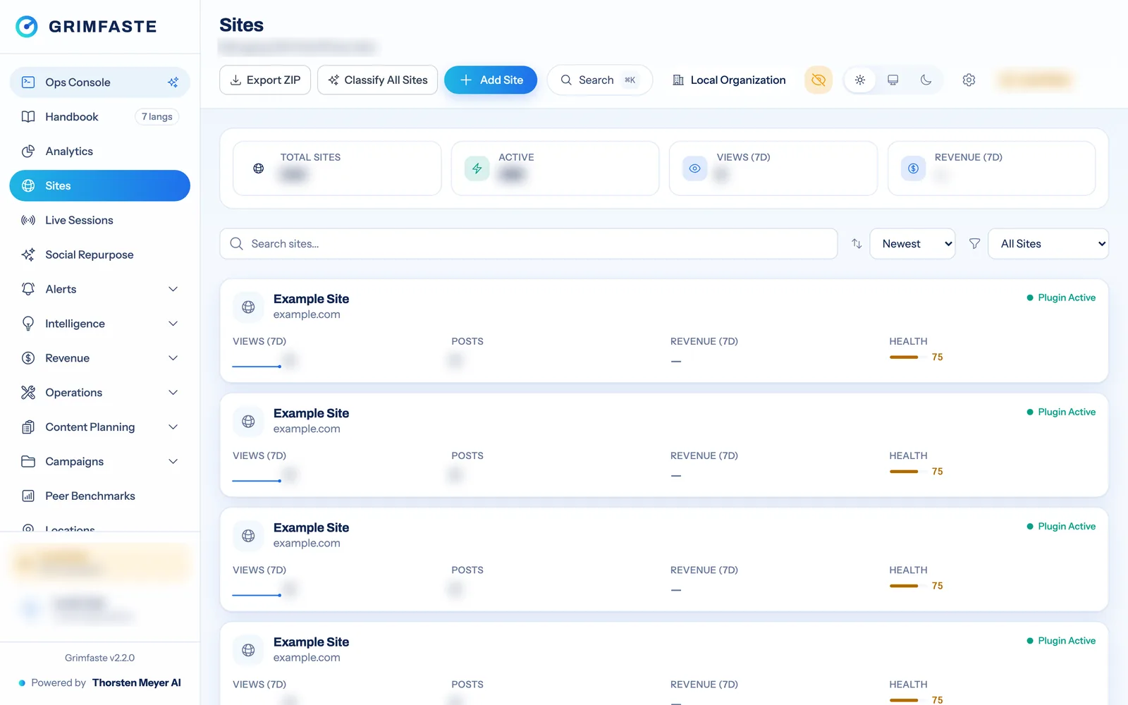 The Grimfaste sites board with health, views and revenue per site, shown in anonymised demo mode