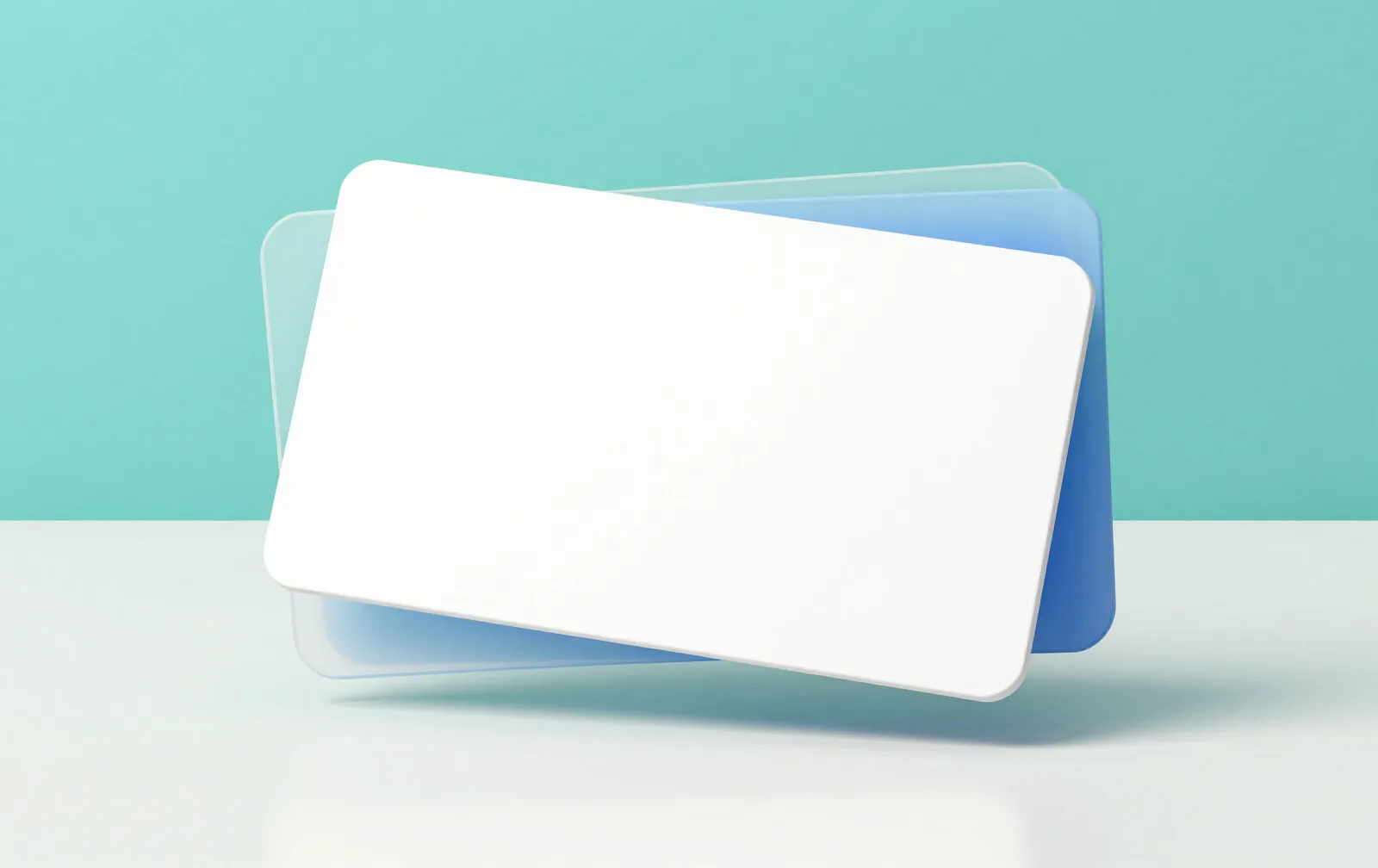 A clean product card assembling itself from floating translucent layers