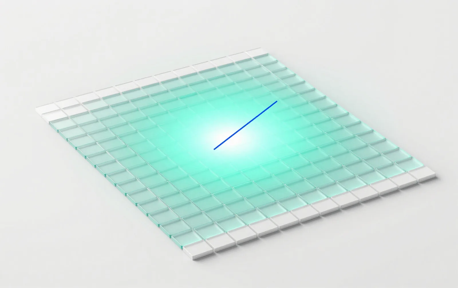 A radar sweep passing over a grid of site tiles, one tile flagged with a diagnostic line