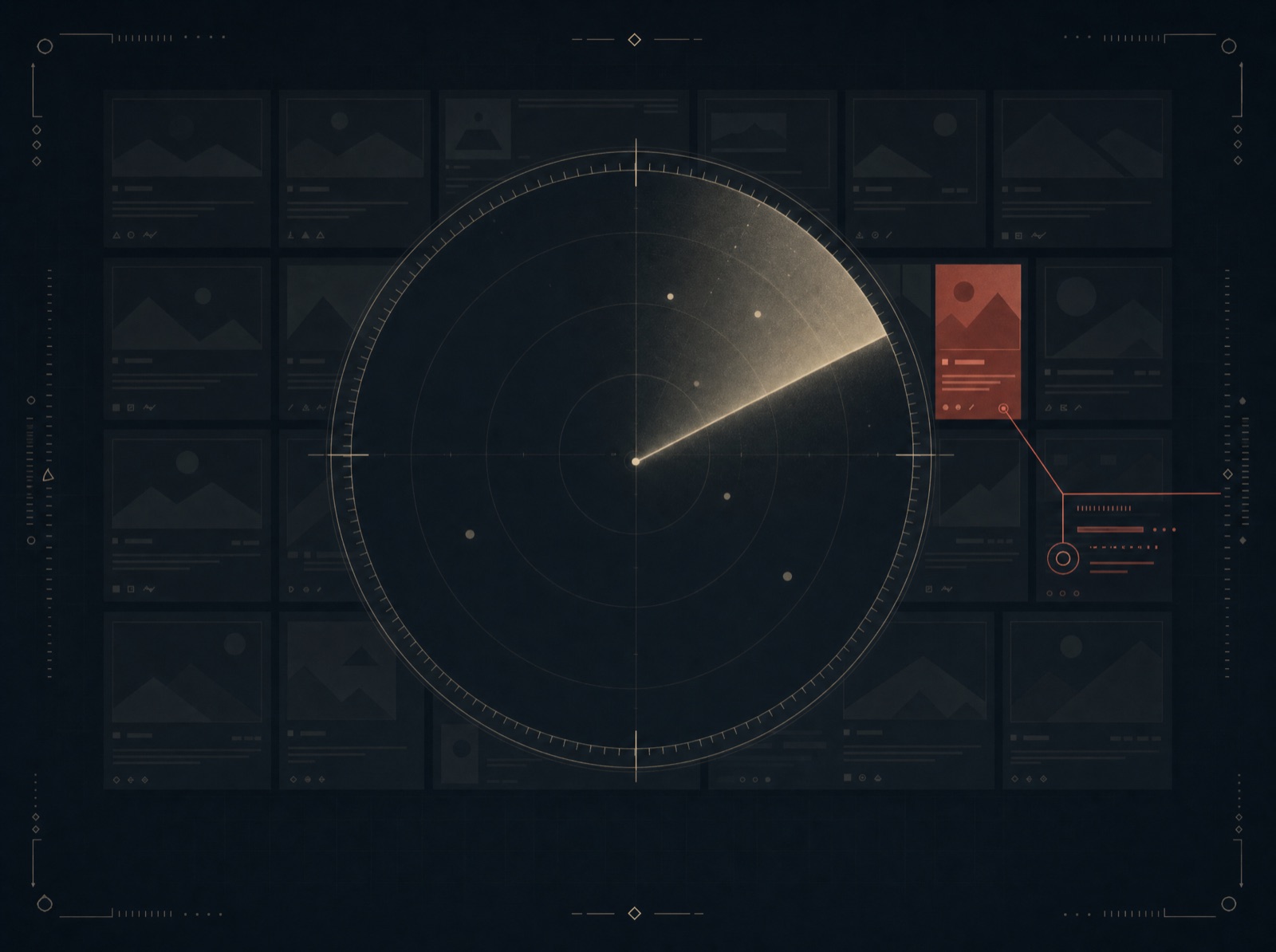 Radar sweep passing over a grid of site tiles, one tile flagged with a diagnostic line